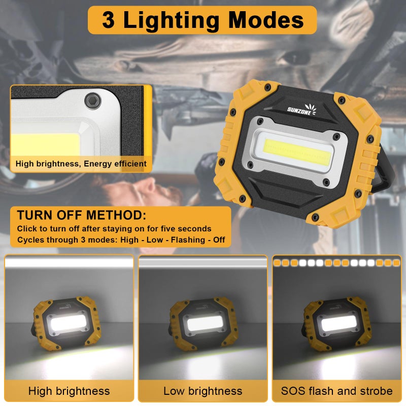 Sunzone LED Work Light, Rechargeable Magnetic Flood Lights with Stand, Waterproof Portable Job Site Lighting for Camping, Fishing, Hiking, Car Inspection with Emergency Mode (2 Pack) - Image 2